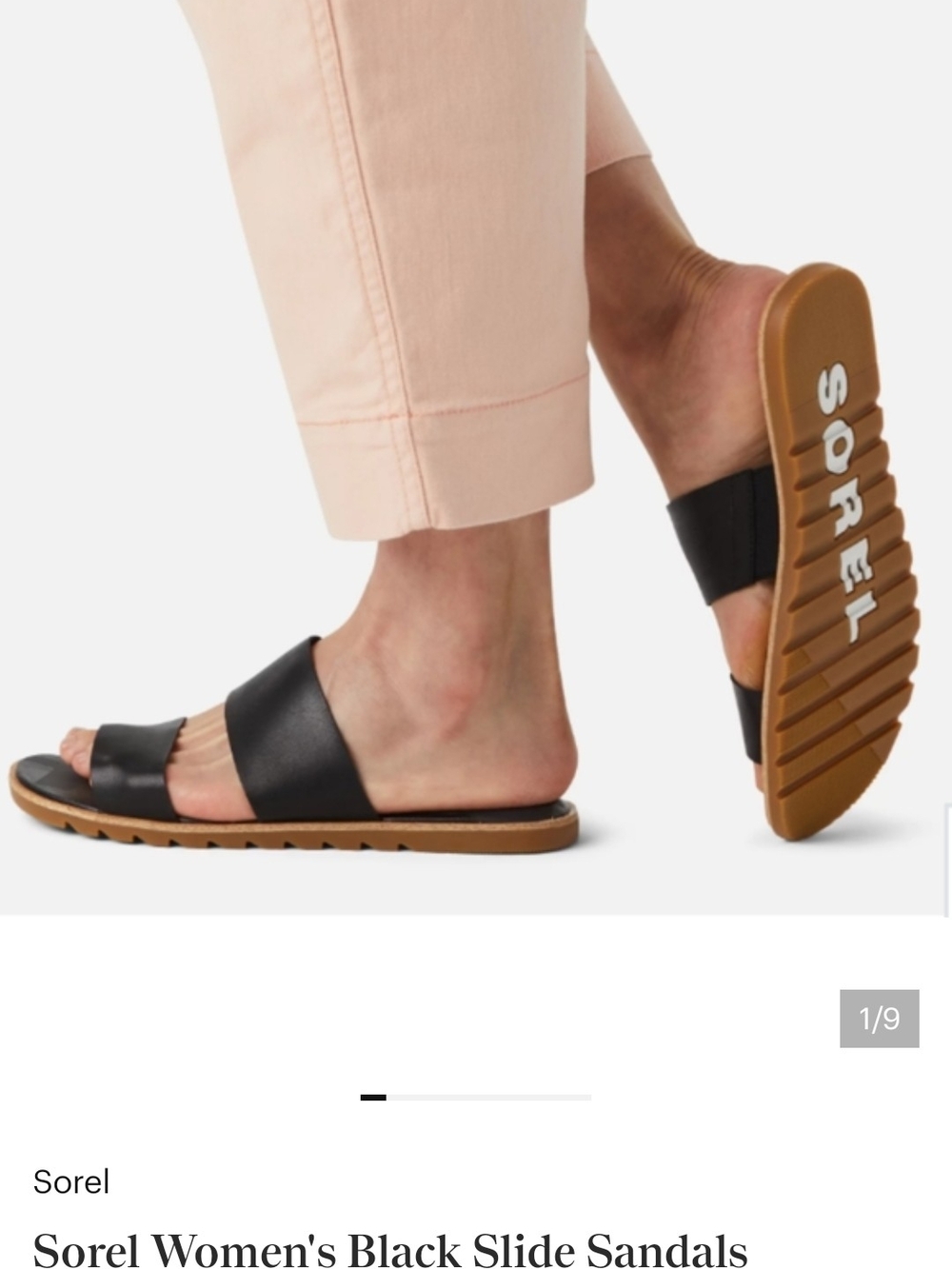 Sorel Black Leather Ella Slide Sandals with Brown Outsole